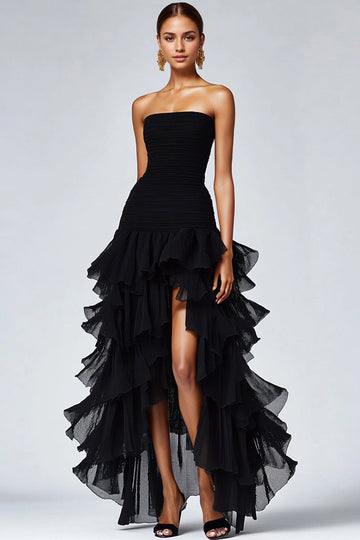 Zapaka Women Black Formal Dress With Slit Strapless Tulle Tiered Ruffles Formal Wear Dress